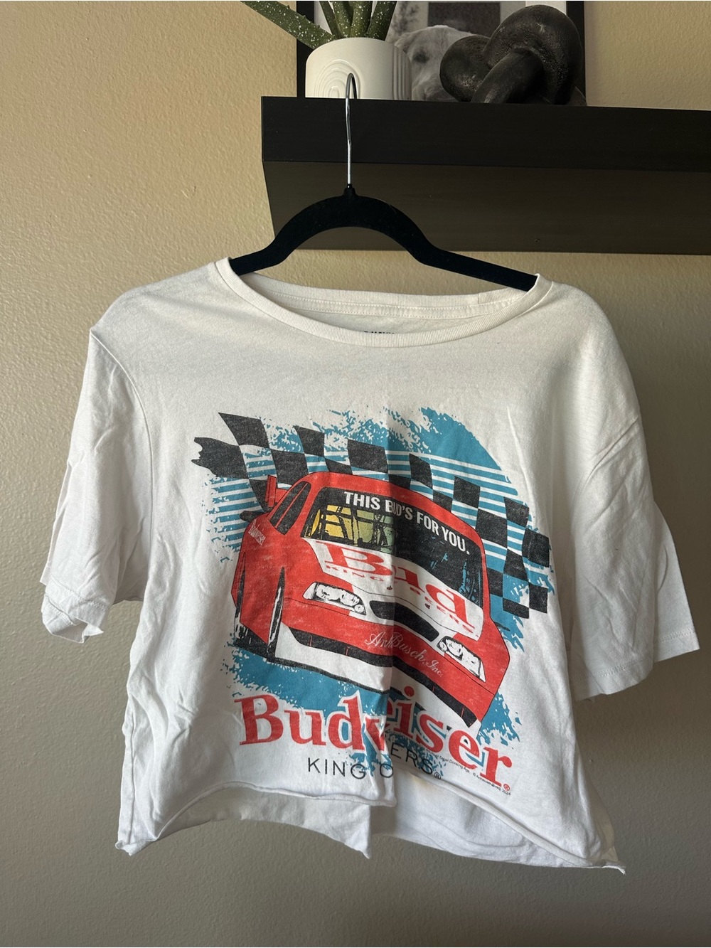 Old Navy White Crop Tee with Red Racecar and Teal Accents